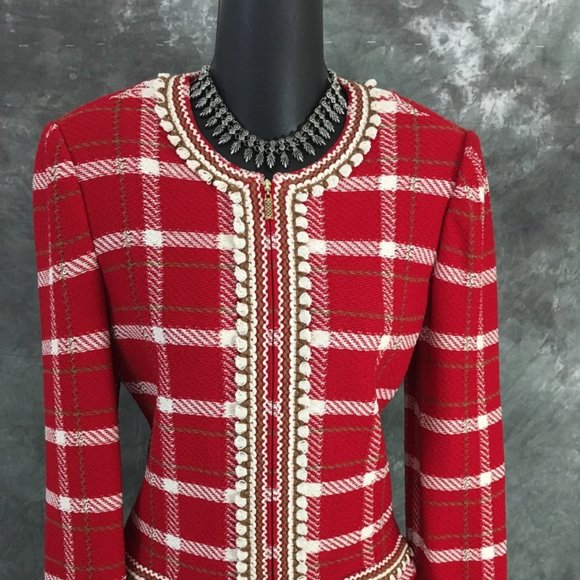 BEAUTIFUL St John collection knit red white fringe skirt suit size 6 - Picture 2 of 7